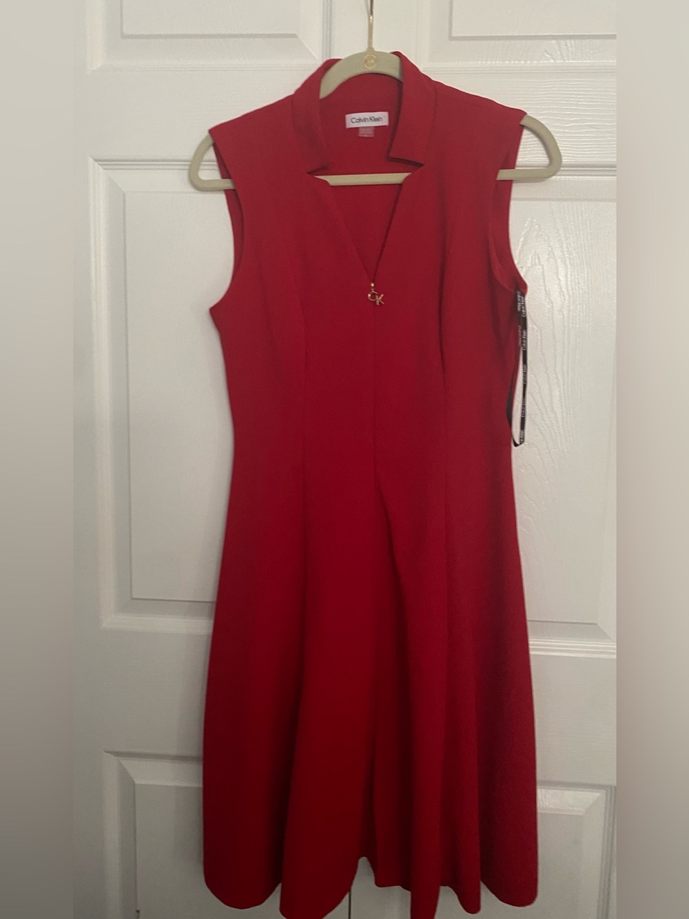 Calvin Klein Red Sleeveless Notch V-Neck A-Line Dress